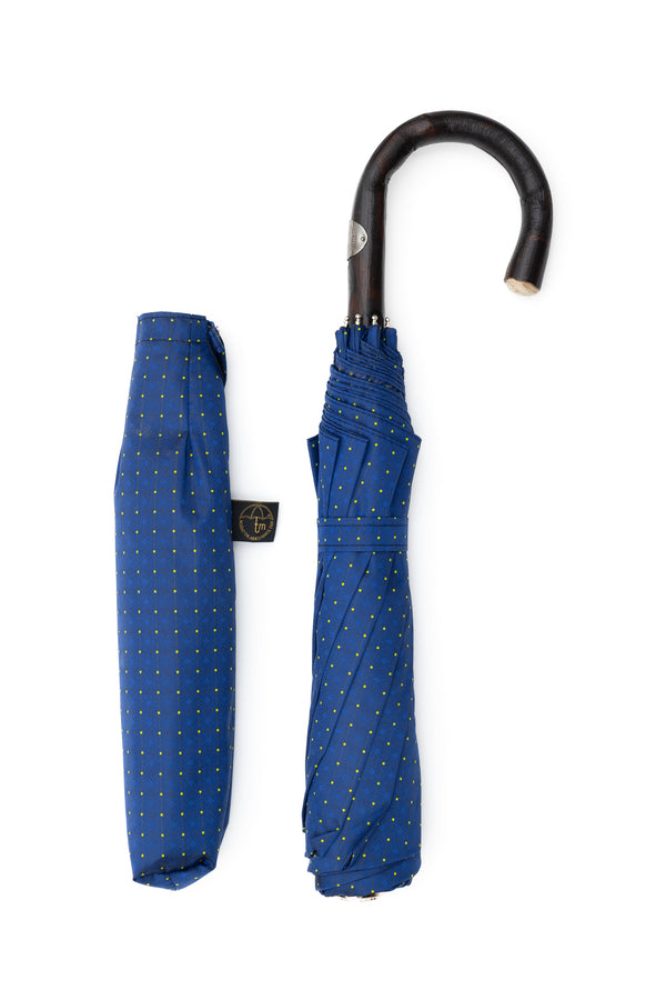 Mario Talarico Blue Folding Umbrella with Yellow Polka Dots and Chestnut Handle