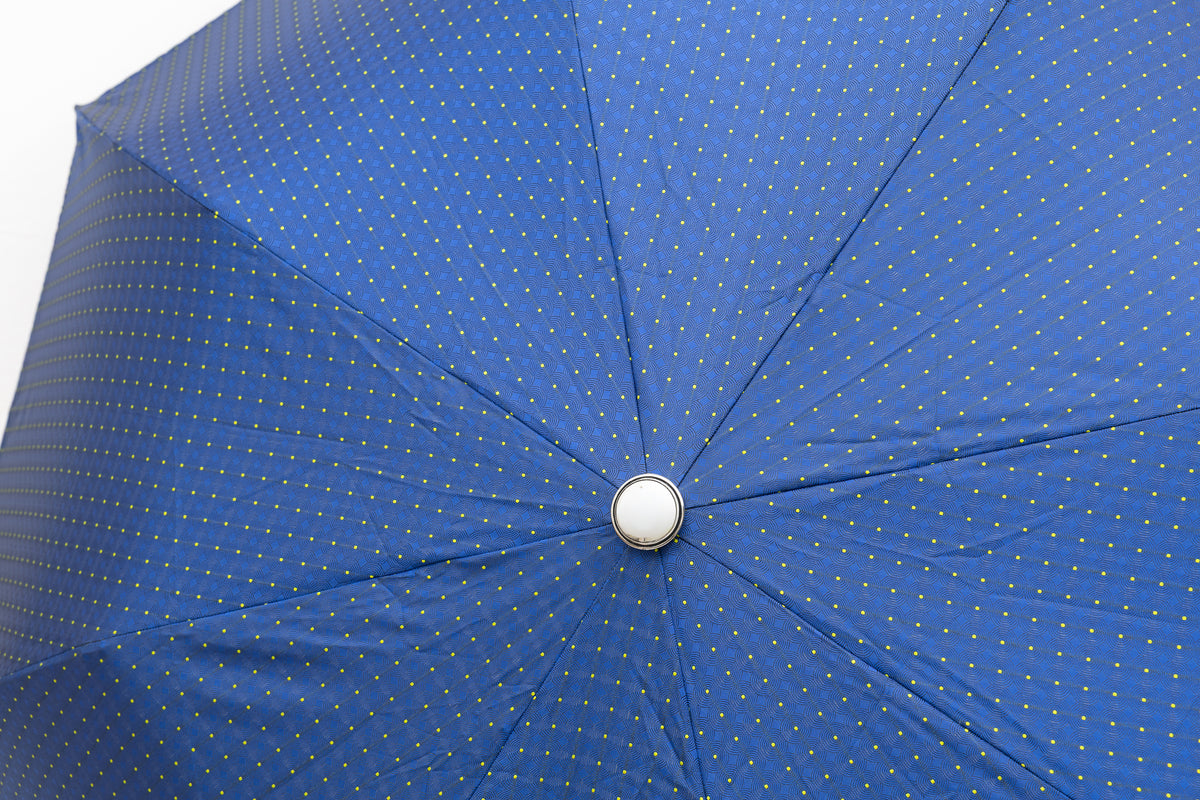 Mario Talarico Blue Folding Umbrella with Yellow Polka Dots and Chestnut Handle