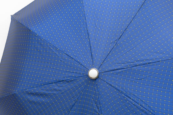 Mario Talarico Blue Folding Umbrella with Yellow Polka Dots and Chestnut Handle