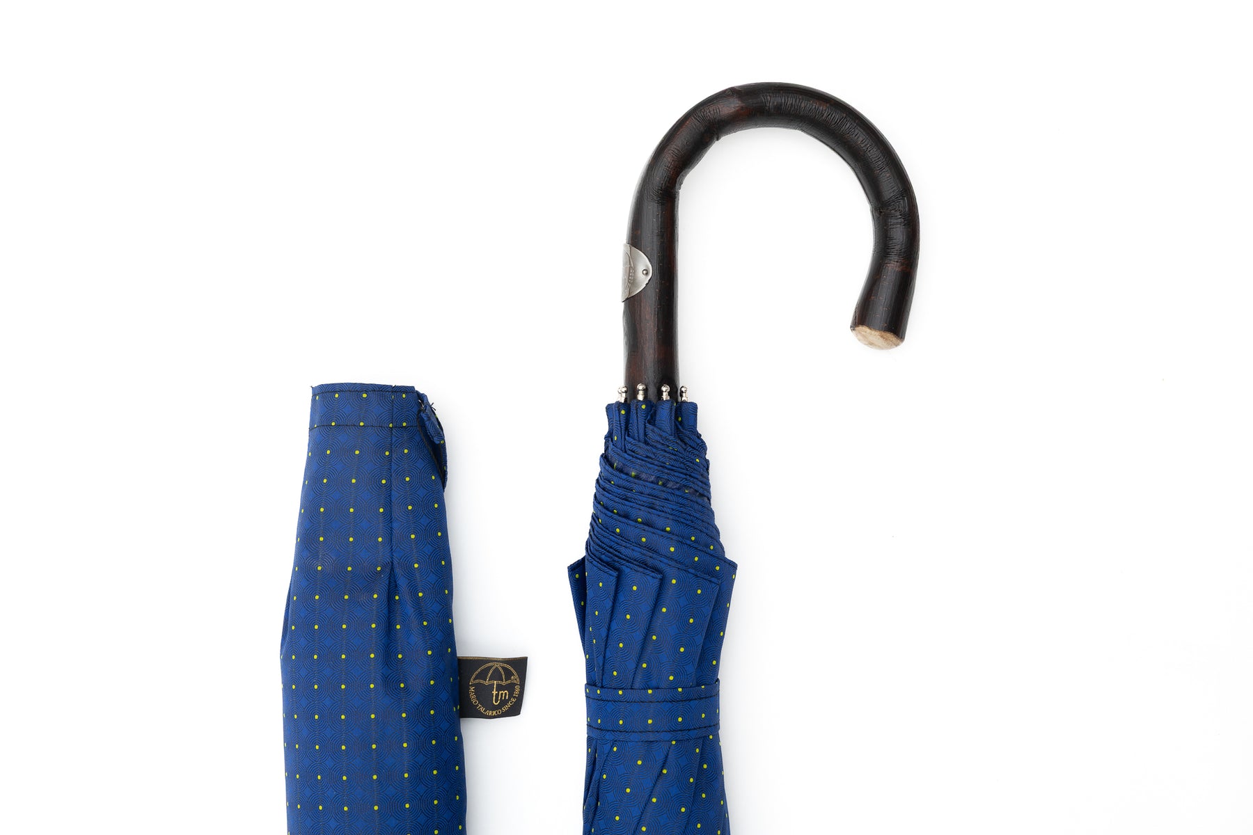 Mario Talarico Blue Folding Umbrella with Yellow Polka Dots and Chestnut Handle