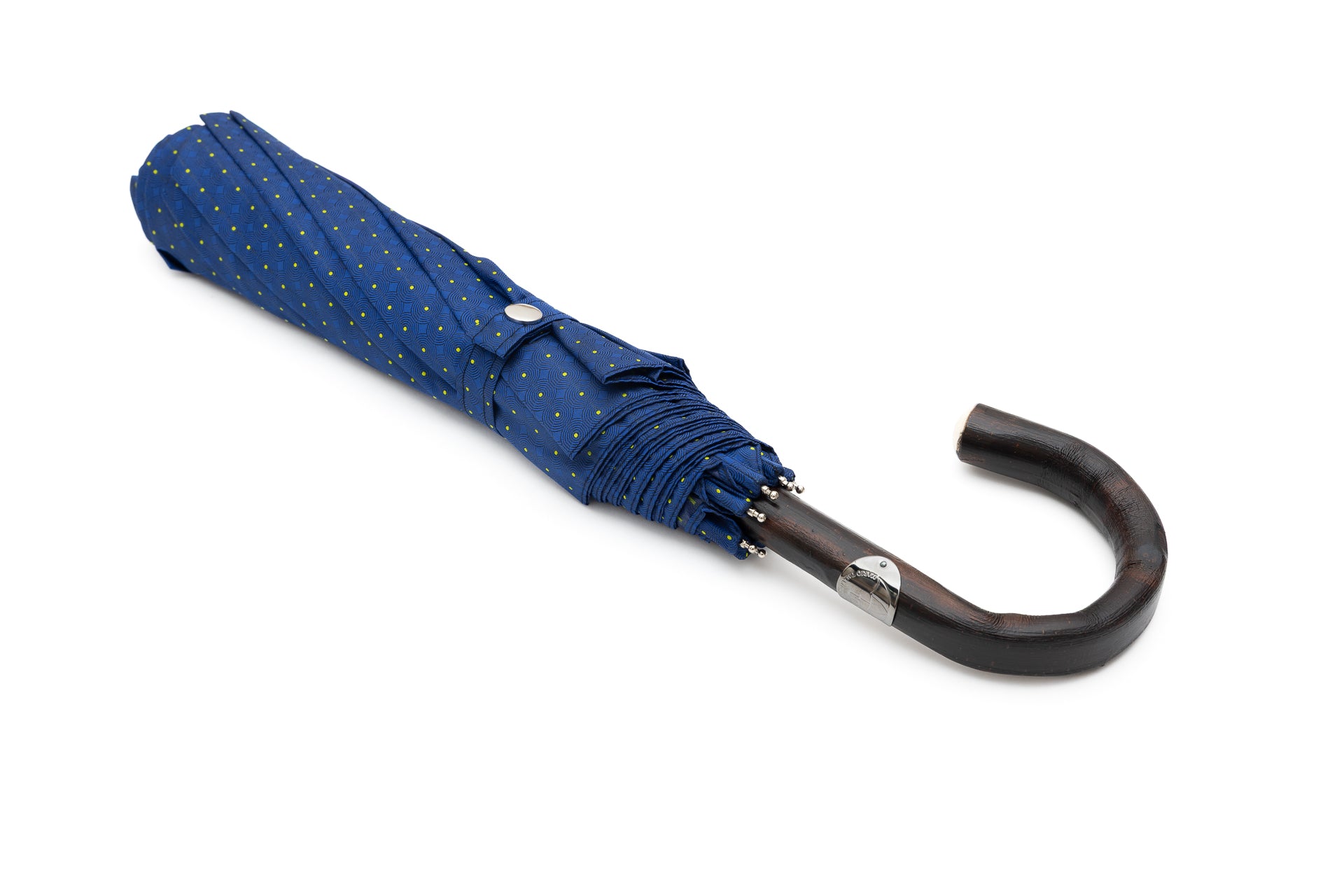 Mario Talarico Blue Folding Umbrella with Yellow Polka Dots and Chestnut Handle