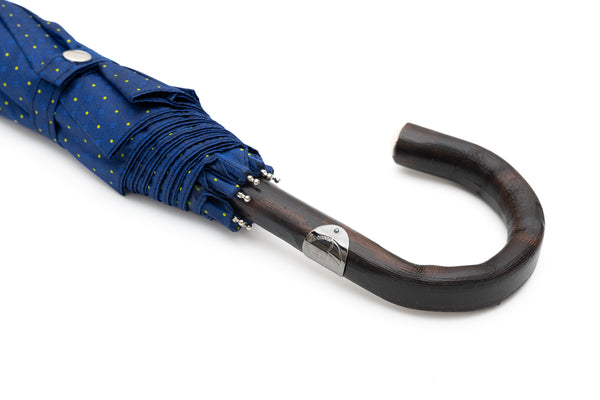 Mario Talarico Blue Folding Umbrella with Yellow Polka Dots and Chestnut Handle
