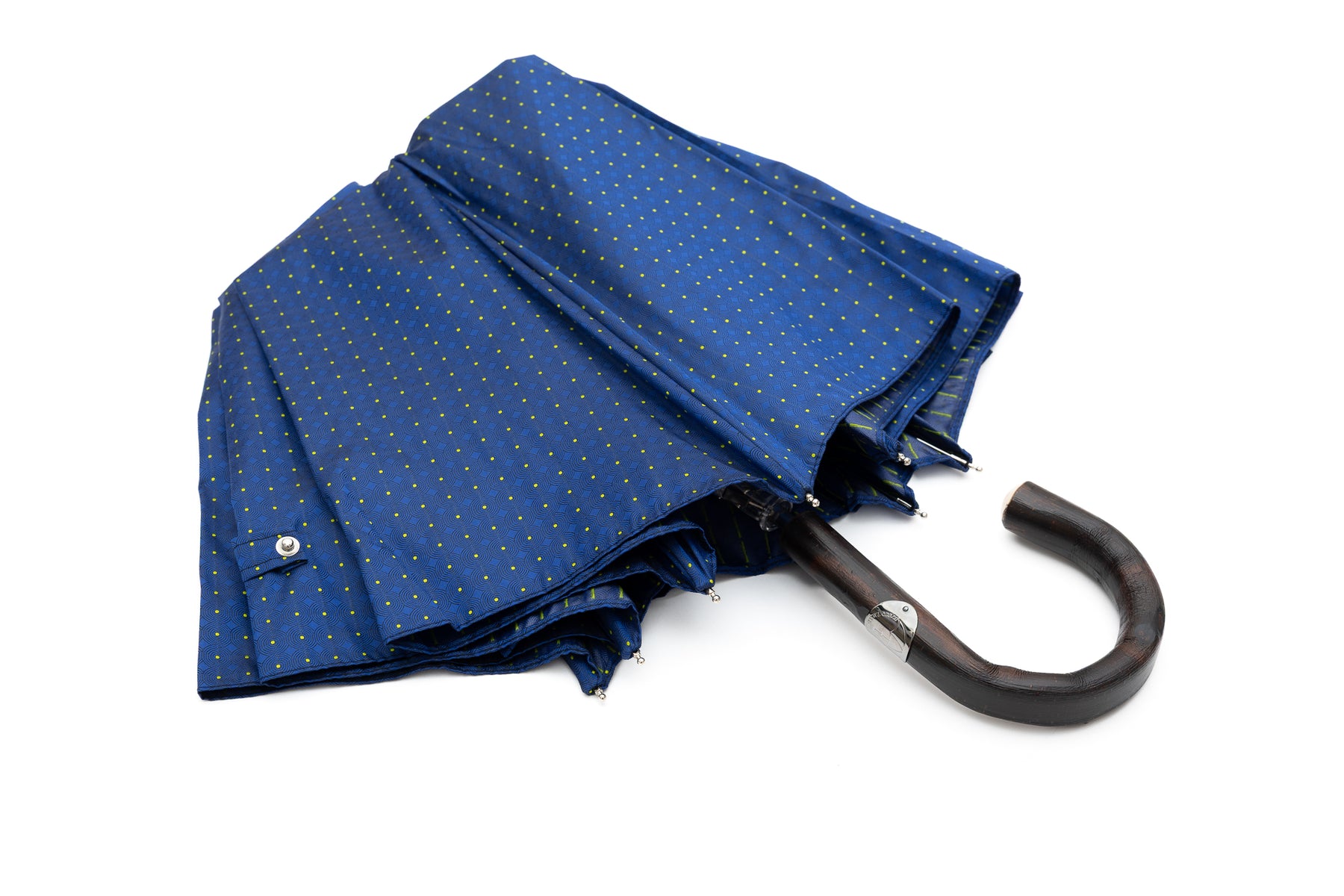 Mario Talarico Blue Folding Umbrella with Yellow Polka Dots and Chestnut Handle