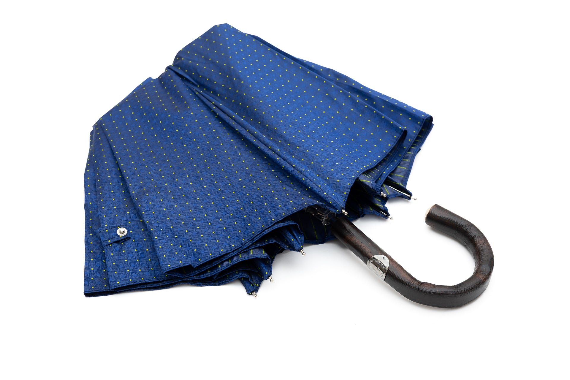 Mario Talarico Blue Folding Umbrella with Yellow Polka Dots and Chestnut Handle