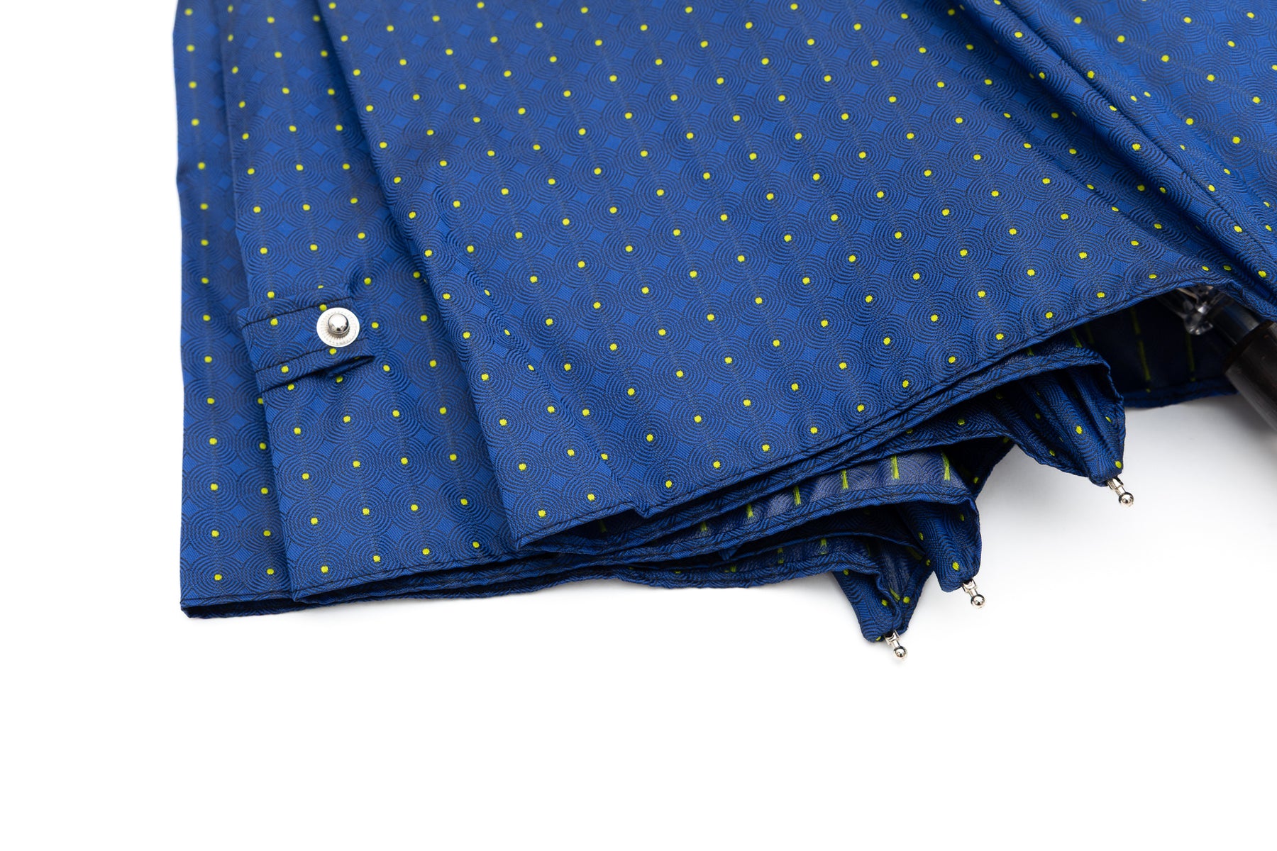 Mario Talarico Blue Folding Umbrella with Yellow Polka Dots and Chestnut Handle