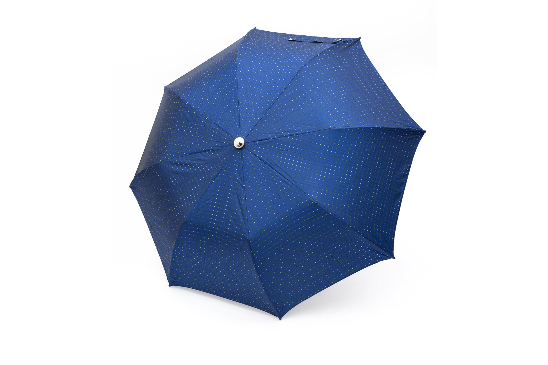 Mario Talarico Blue Folding Umbrella with Yellow Polka Dots and Chestnut Handle