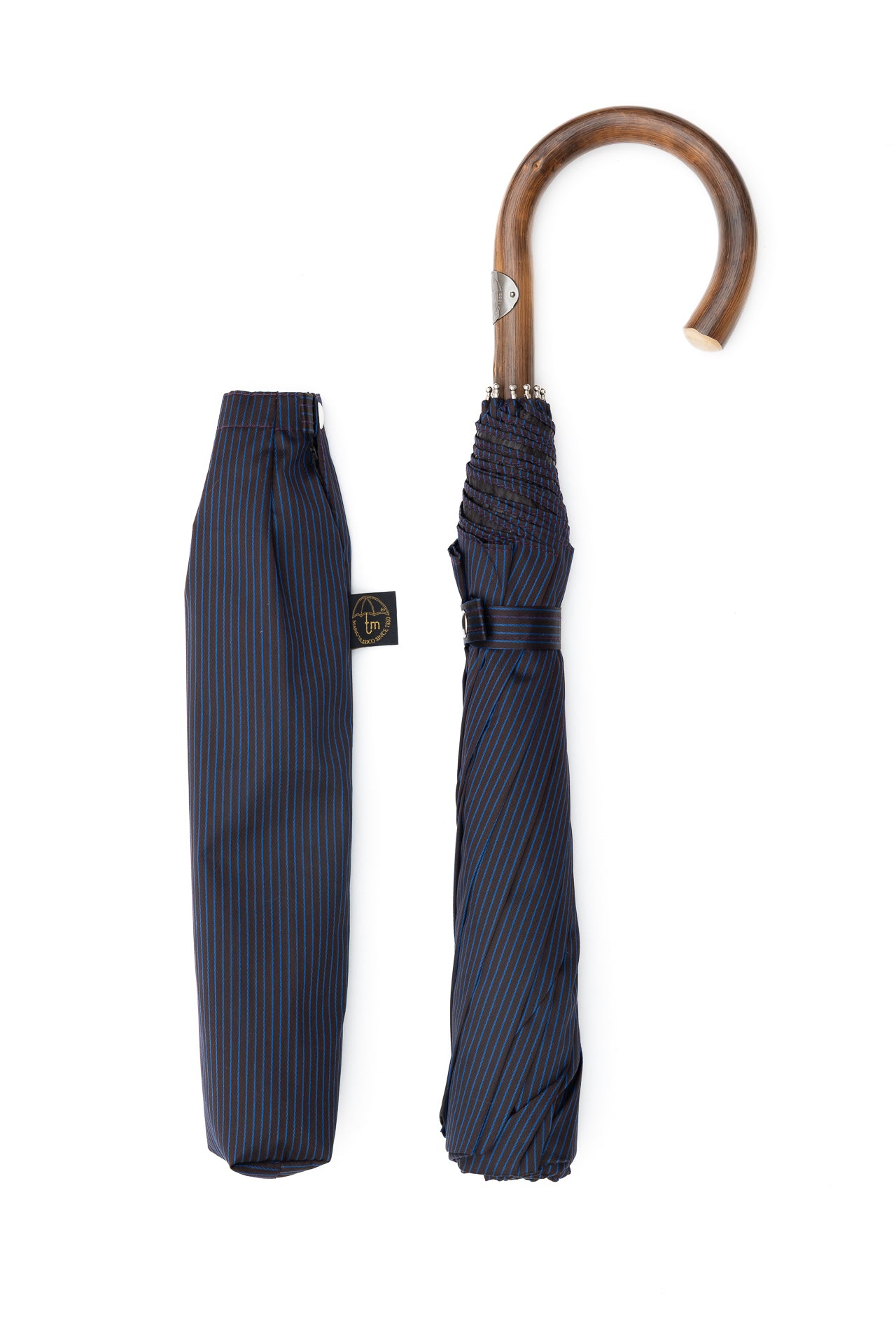 Mario Talarico Foldable Blue Umbrella with Fine Stripes and Chestnut Handle