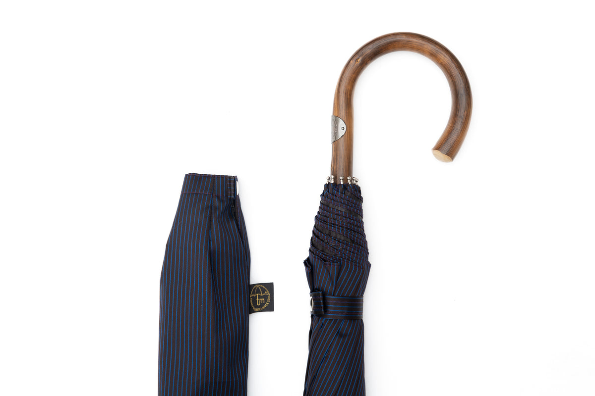 Mario Talarico Foldable Blue Umbrella with Fine Stripes and Chestnut Handle