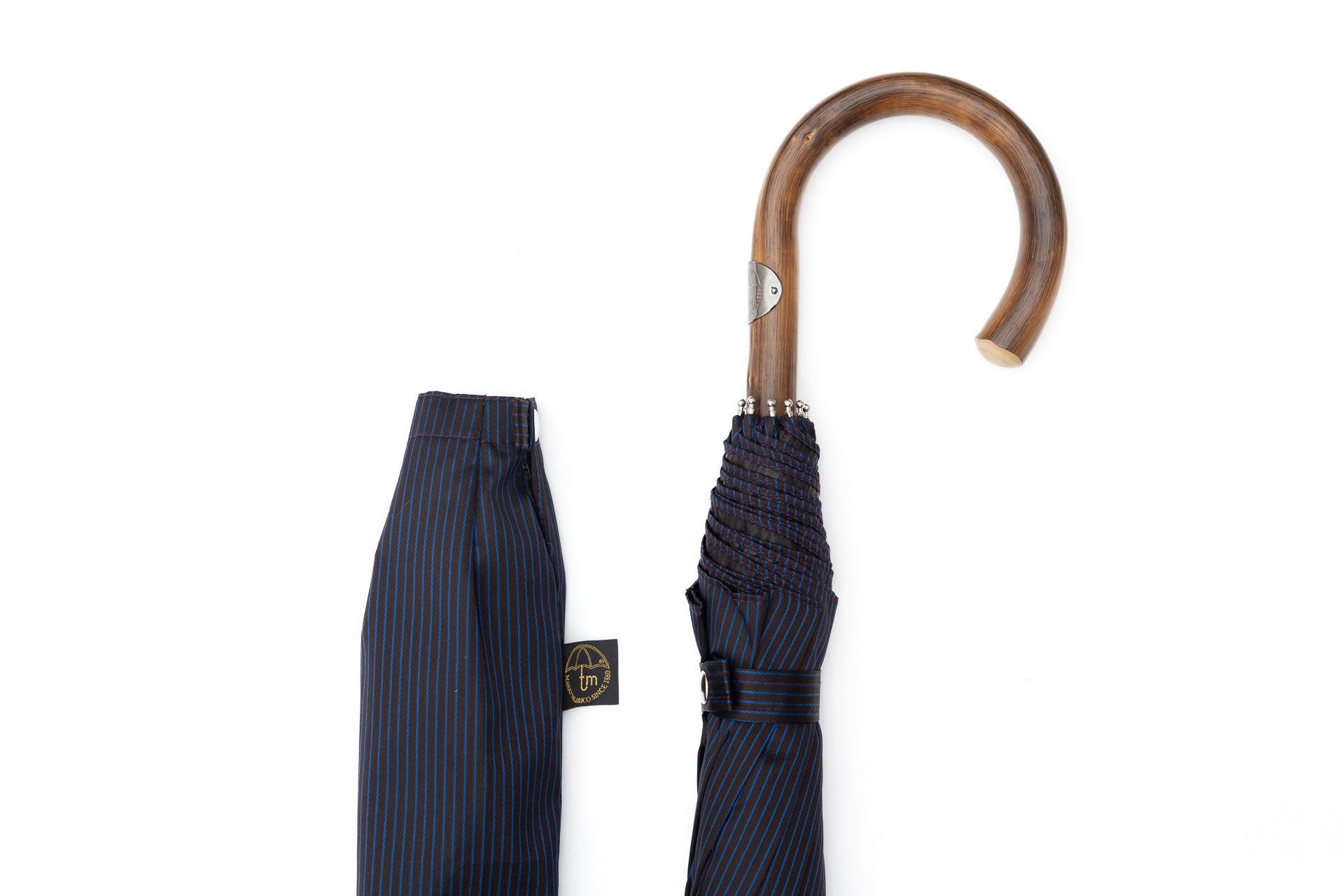 Mario Talarico Foldable Blue Umbrella with Fine Stripes and Chestnut Handle