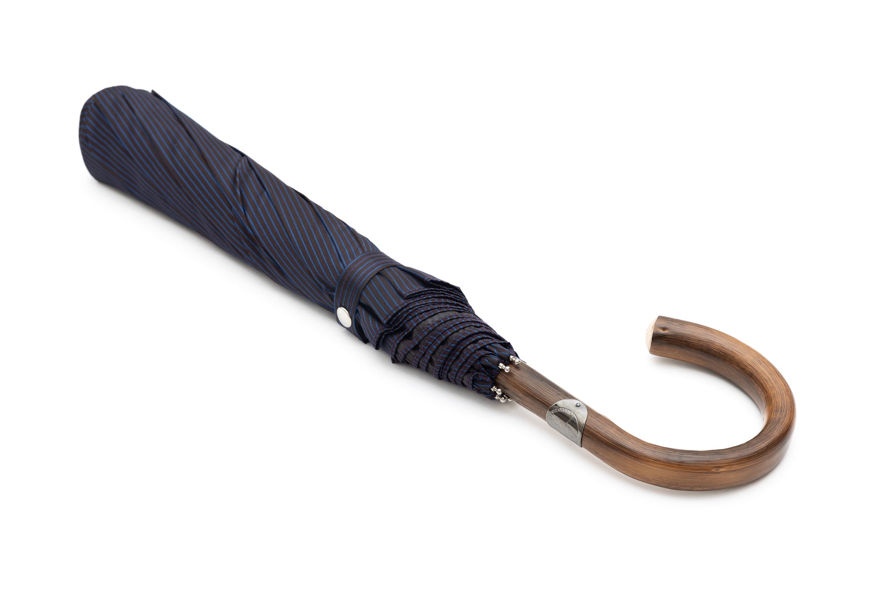 Mario Talarico Foldable Blue Umbrella with Fine Stripes and Chestnut Handle