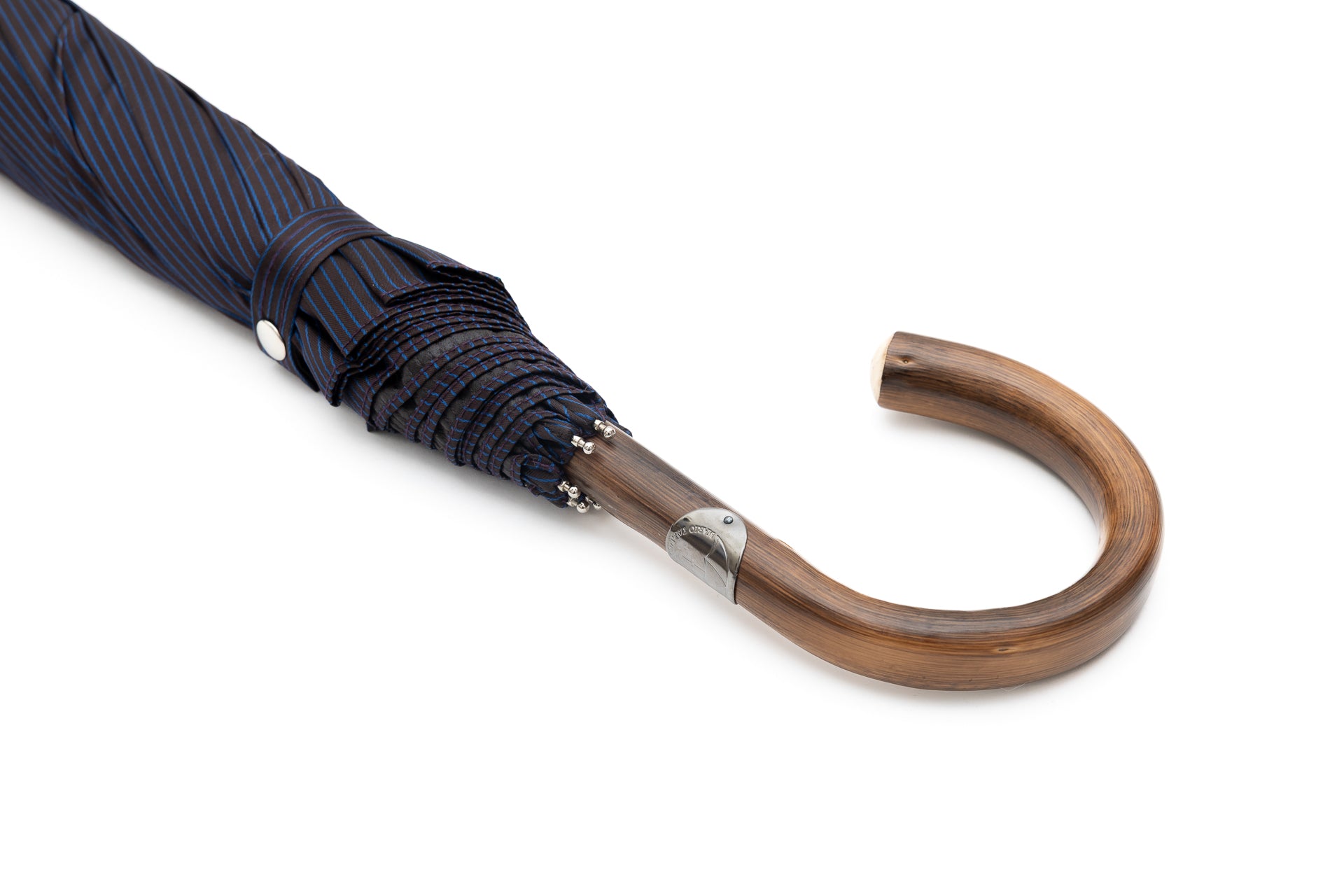 Mario Talarico Foldable Blue Umbrella with Fine Stripes and Chestnut Handle