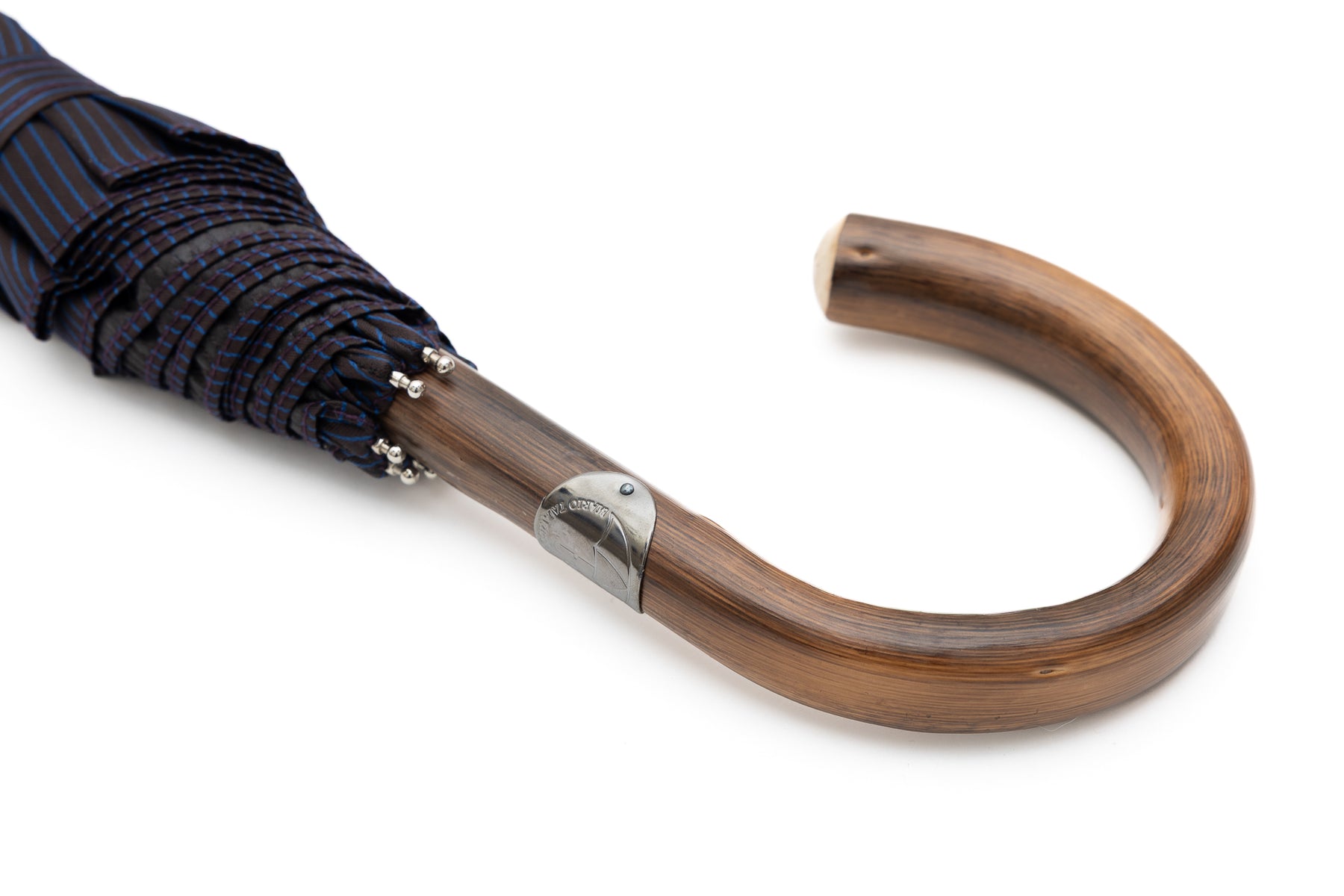 Mario Talarico Foldable Blue Umbrella with Fine Stripes and Chestnut Handle