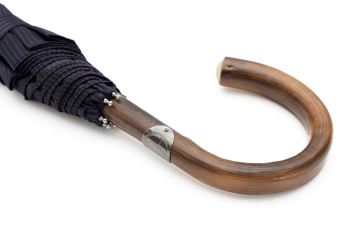 Mario Talarico Foldable Blue Umbrella with Fine Stripes and Chestnut Handle