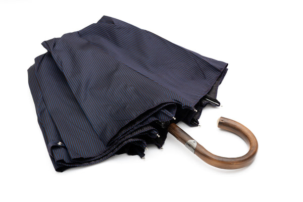 Mario Talarico Foldable Blue Umbrella with Fine Stripes and Chestnut Handle