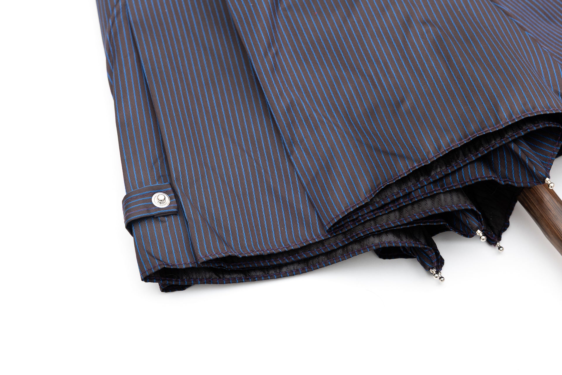 Mario Talarico Foldable Blue Umbrella with Fine Stripes and Chestnut Handle