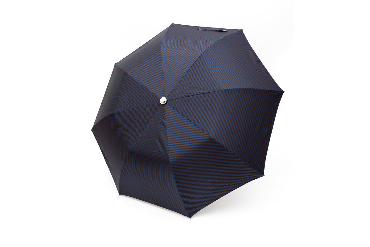 Mario Talarico Foldable Blue Umbrella with Fine Stripes and Chestnut Handle