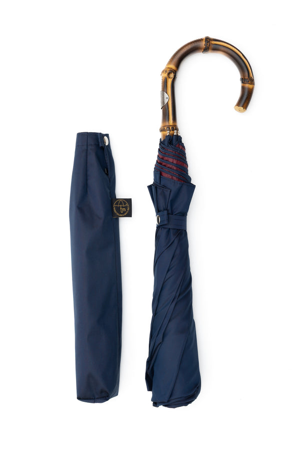 Mario Talarico Blue Folding Umbrella with Bamboo Handle