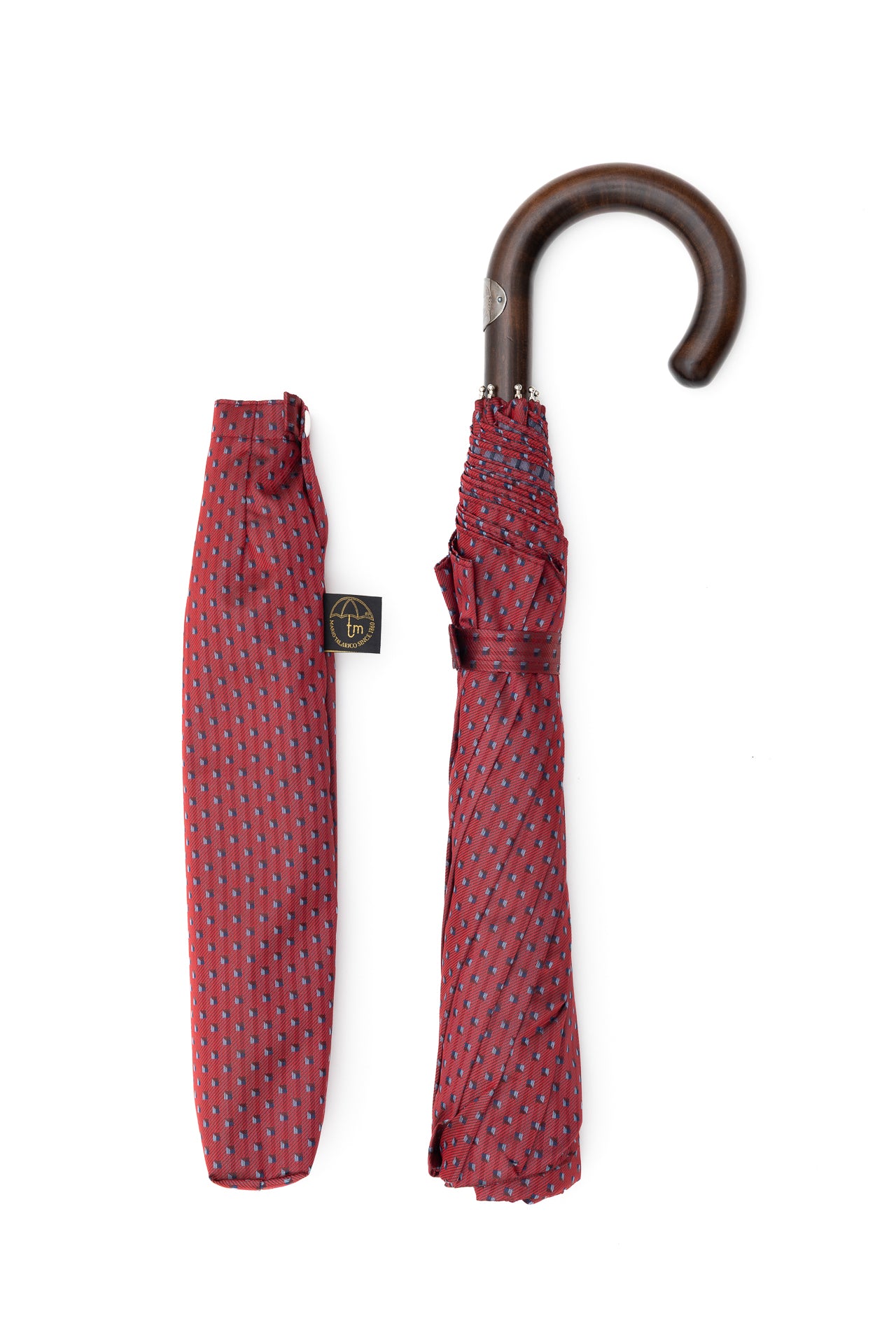 Mario Talarico Dark Pink Geometric Pattern Folding Umbrella with Hickory Handle