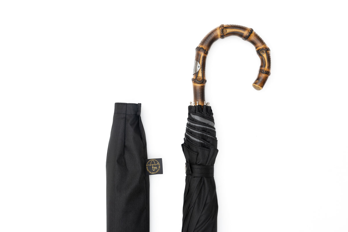 Mario Talarico Black Folding Umbrella with Bamboo Handle