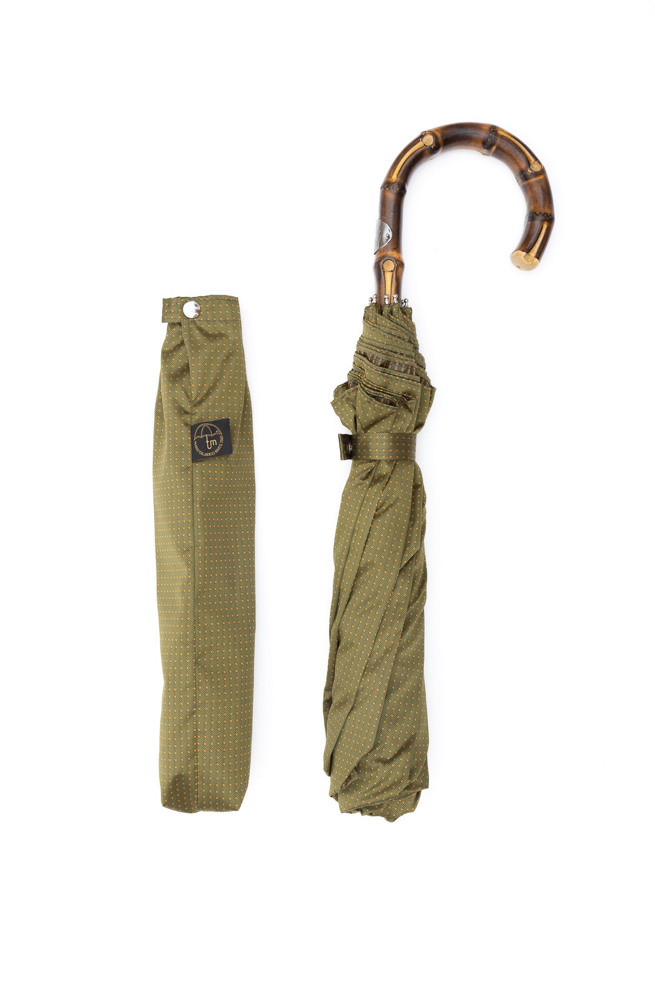 Mario Talarico Green Polka Dot Folding Umbrella with Bamboo Handle