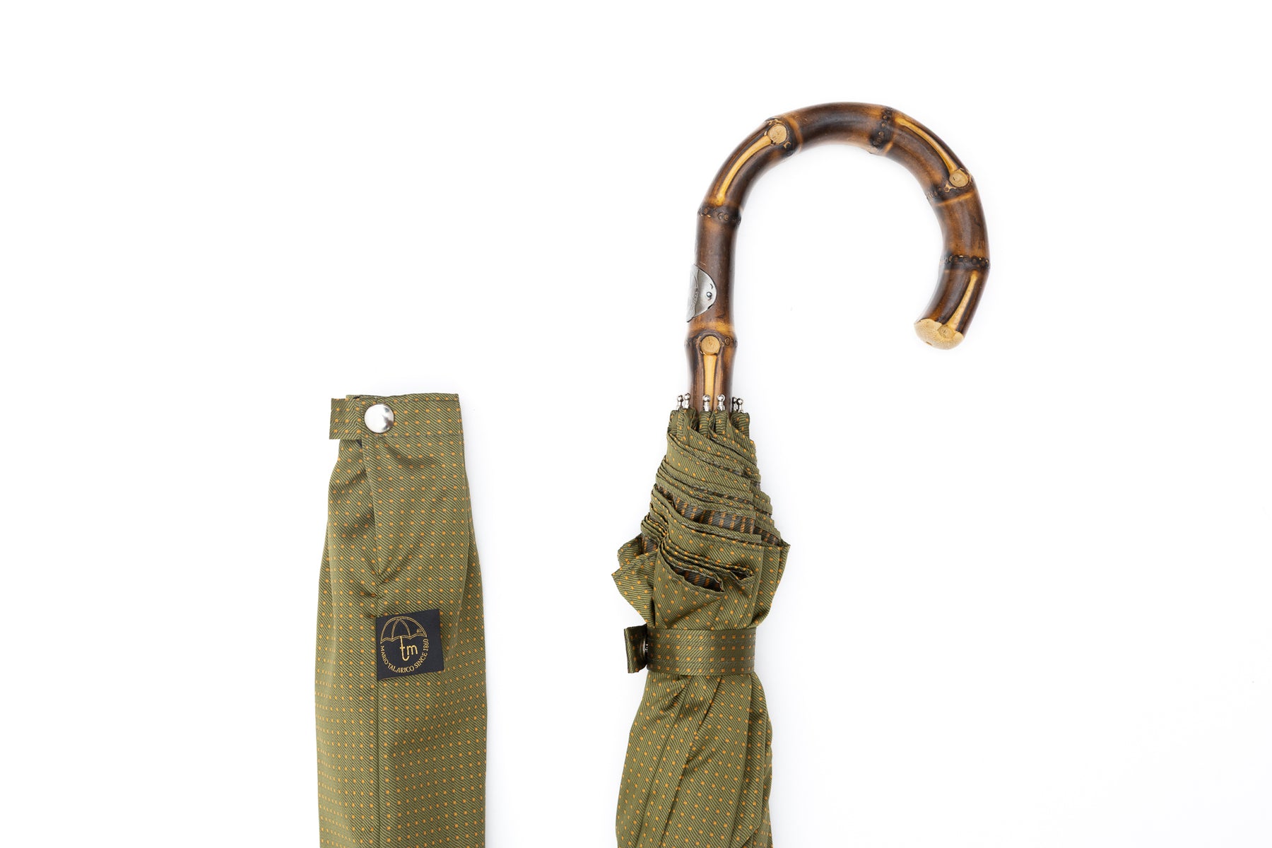 Mario Talarico Green Polka Dot Folding Umbrella with Bamboo Handle