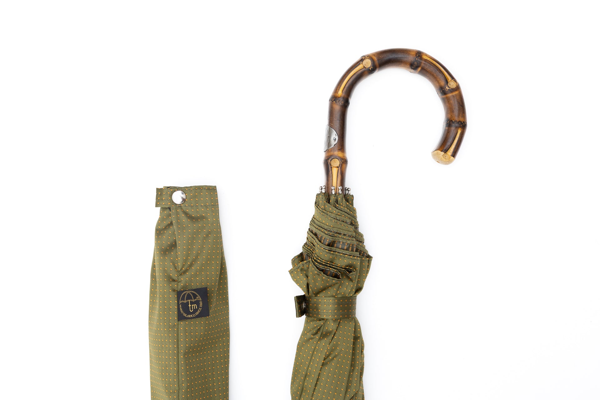Mario Talarico Green Polka Dot Folding Umbrella with Bamboo Handle