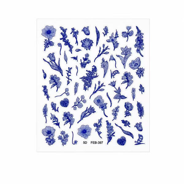 3D Nail Stickers Blue Vintage Flowers