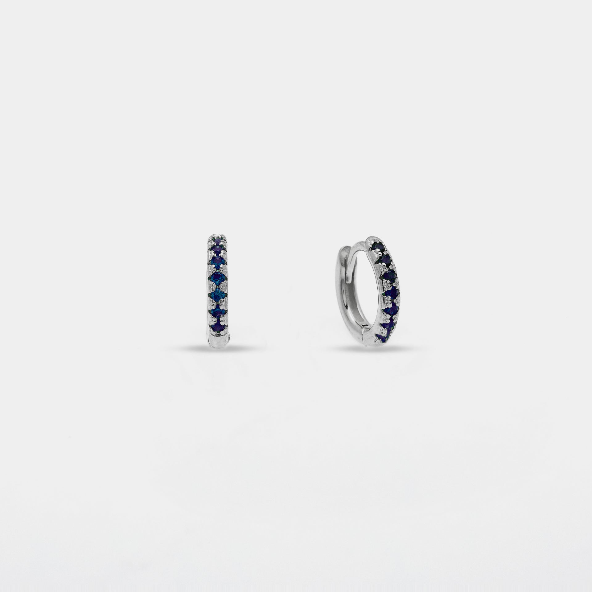 Rhodium-plated silver earrings with blue zirconia, 10 mm hoop