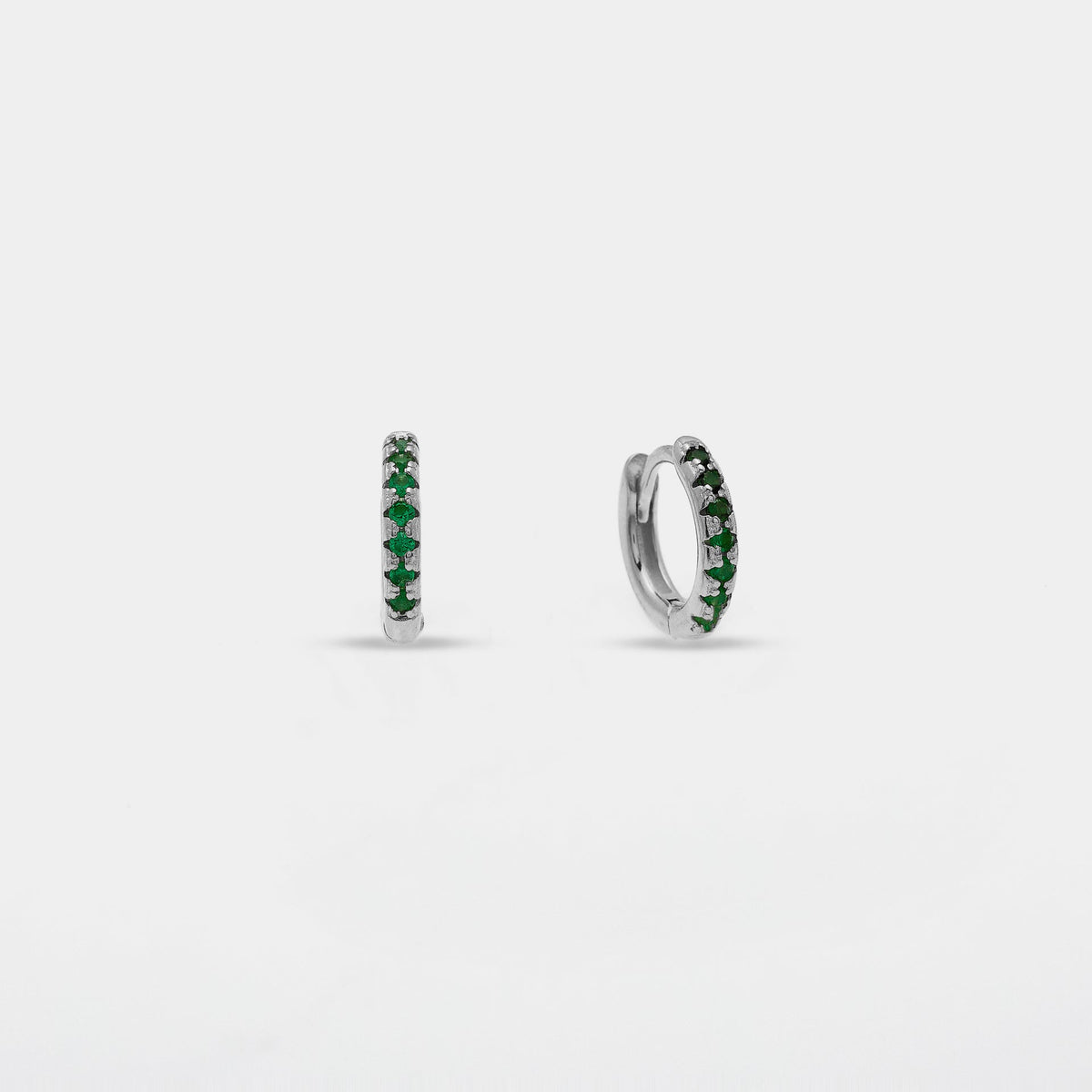 Rhodium-plated silver earrings with green zirconia, 10 mm hoop