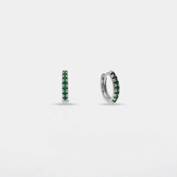 Rhodium-plated silver earrings with green zirconia, 10 mm hoop