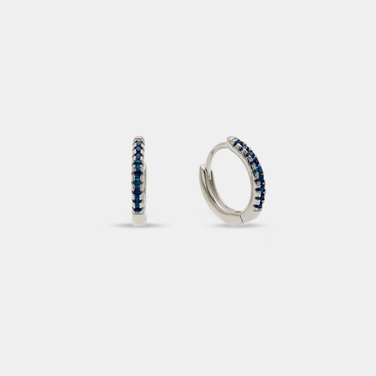 Rhodium-plated silver earrings with blue zirconia hoops, 13 mm
