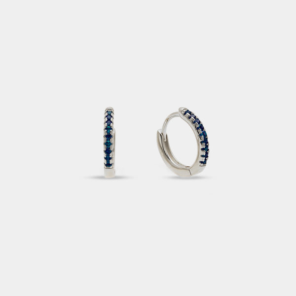 Rhodium-plated silver earrings with blue zirconia hoops, 13 mm