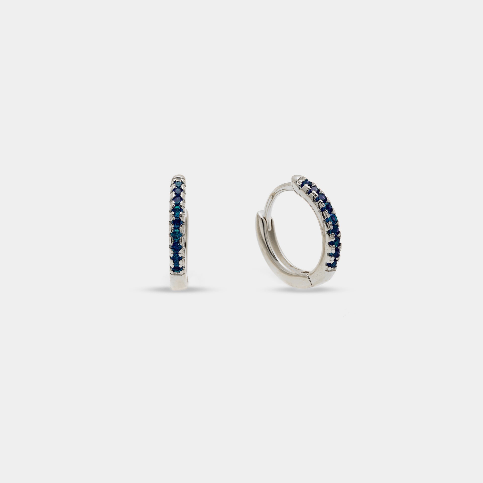 Rhodium-plated silver earrings with blue zirconia hoops, 13 mm