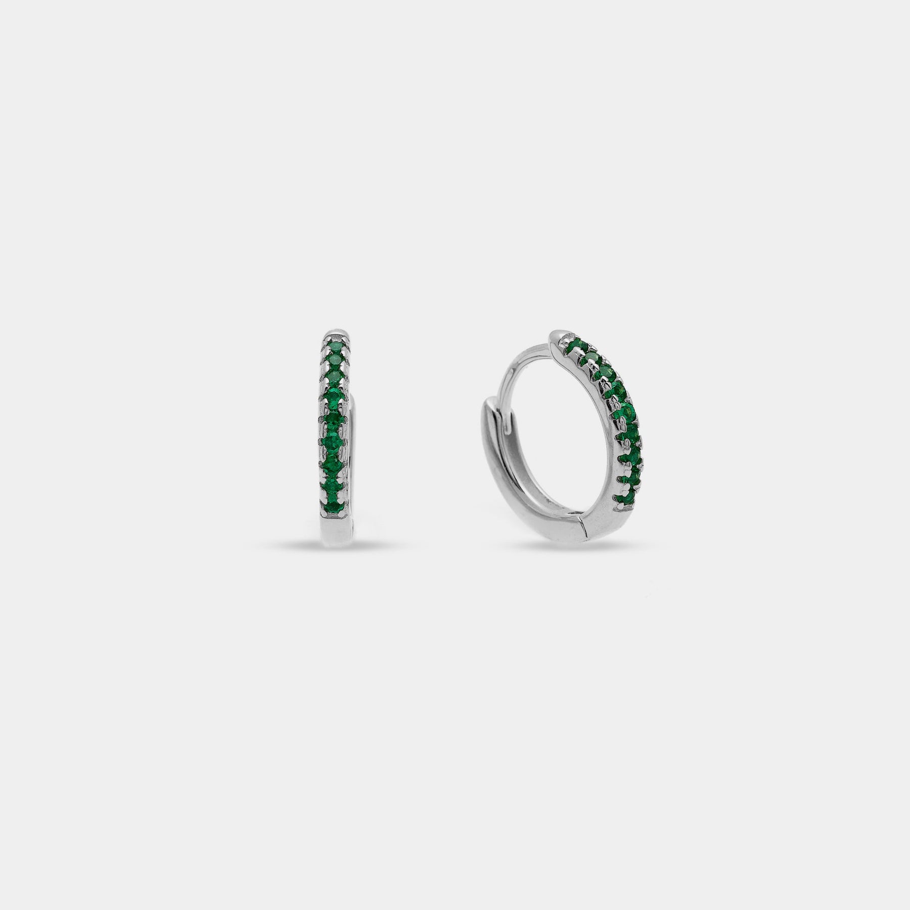 Rhodium-plated silver earrings with green zirconia hoops, 13 mm