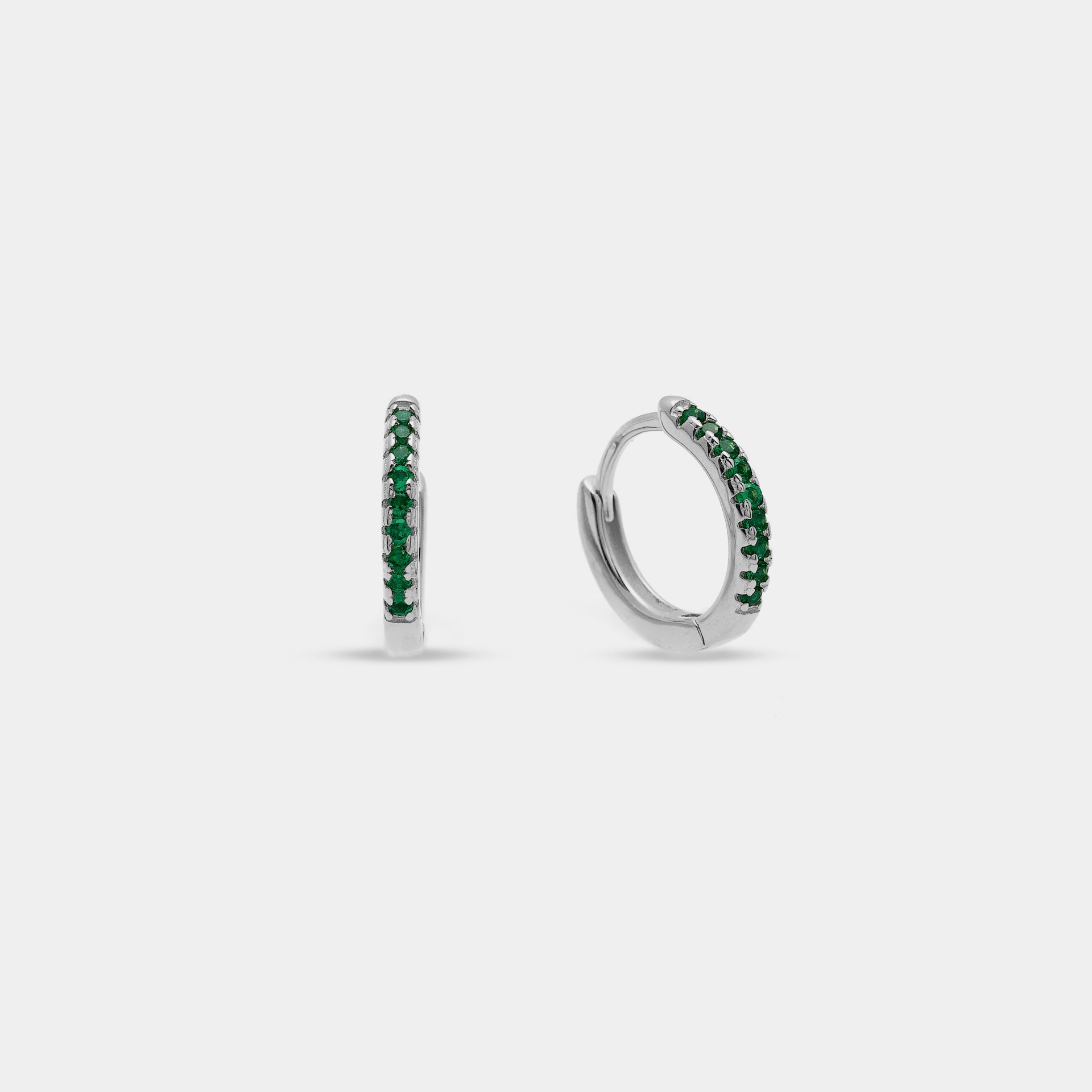 Rhodium-plated silver earrings with green zirconia hoops, 13 mm