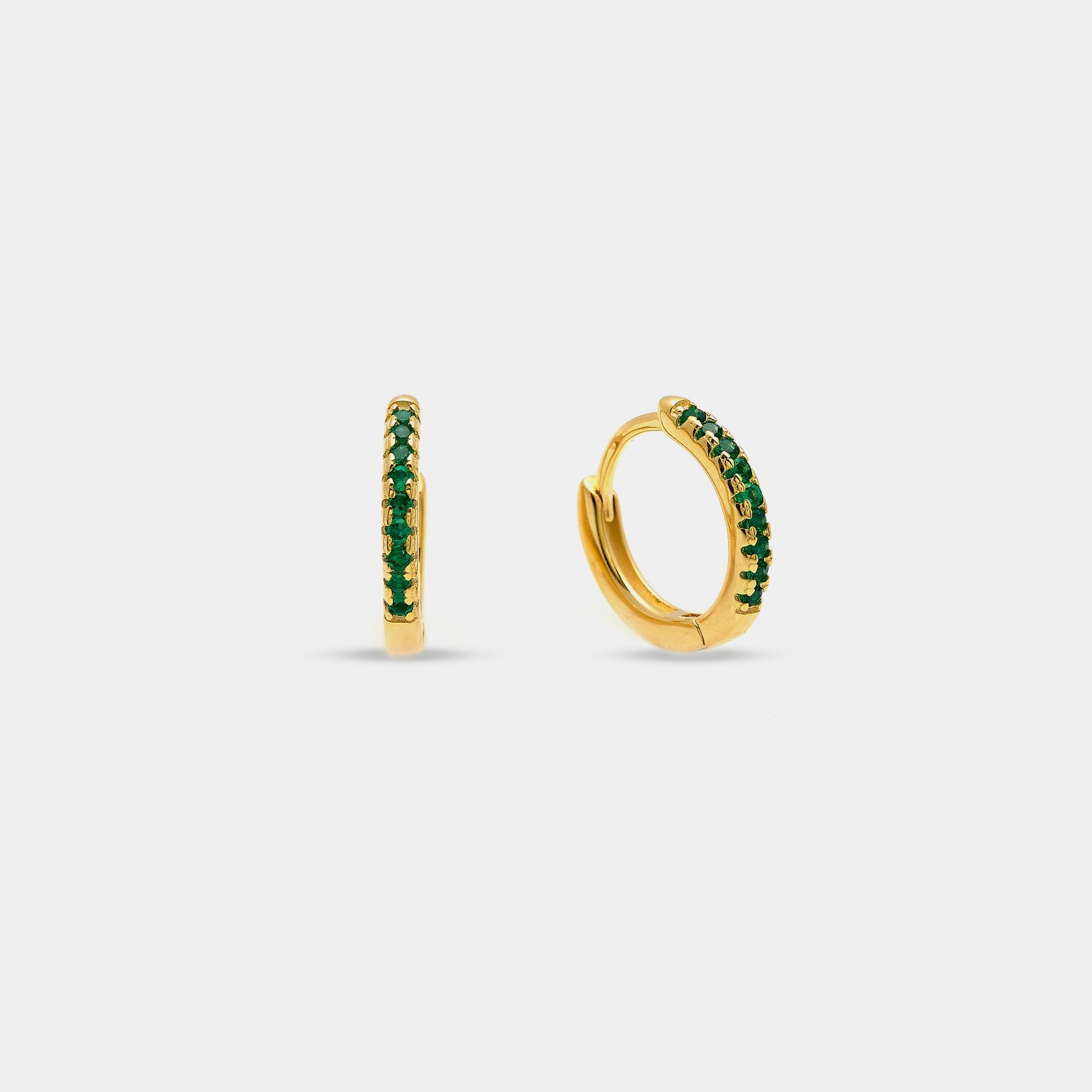 Gold-plated silver earrings with green zircons, 13 mm hoop