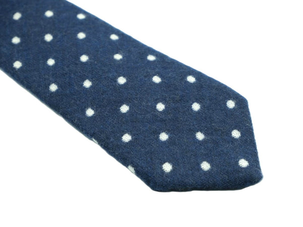 Blue wool tie with white polka dots