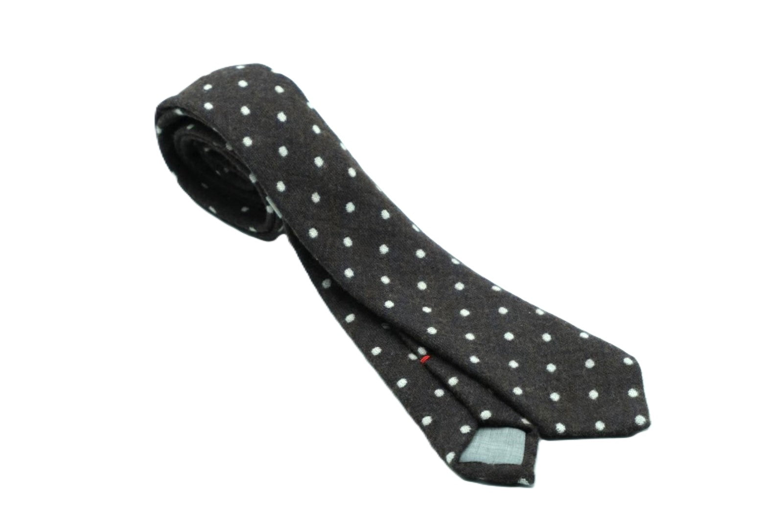 Dark brown tie with white polka dots in pure wool
