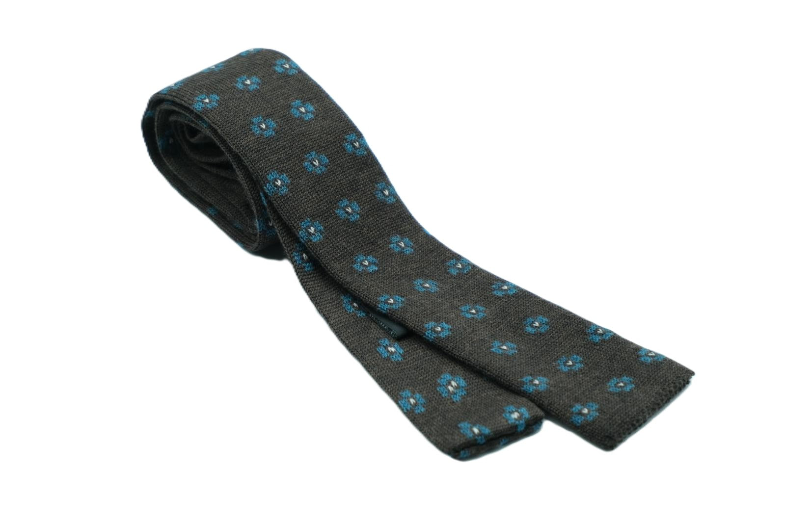 Brown tricot tie with flowers in pure wool