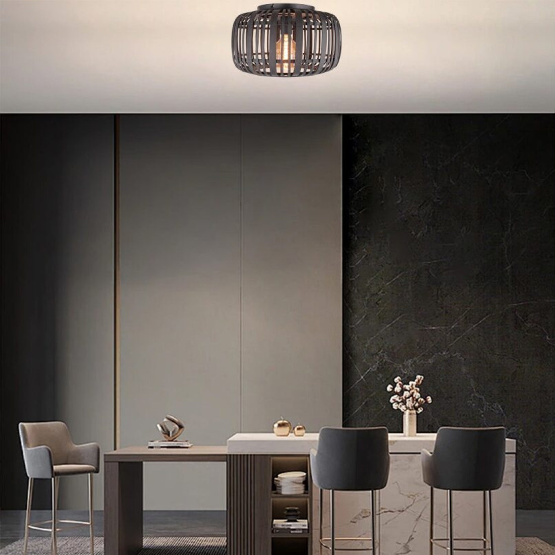 Various Rattan Ceiling Lamp – Ø40 cm – 1-light – E27 – Black