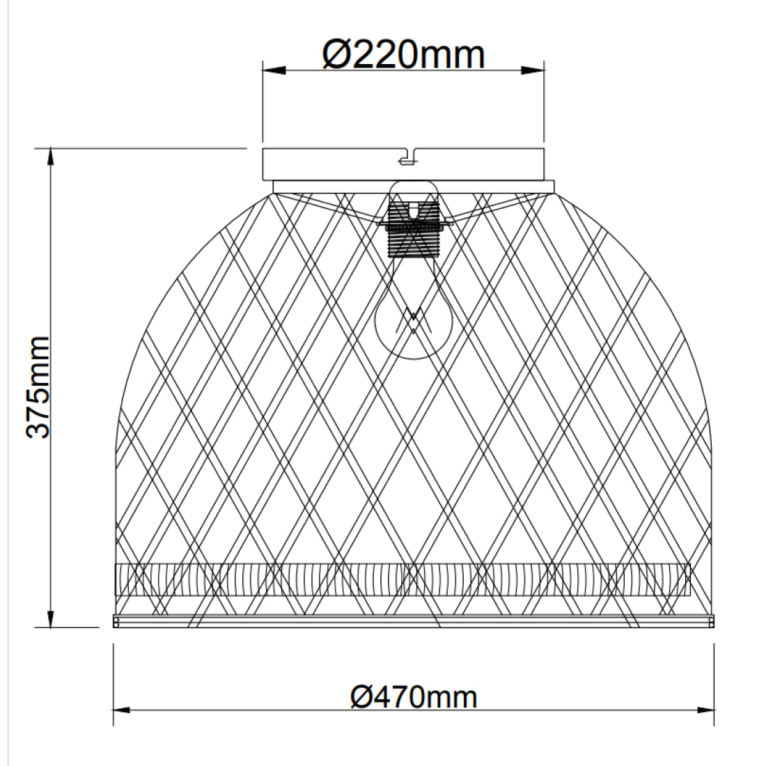 Maattekening van het geweven bamboe design van de Various Weaving plafondlamp Ø47 cm.