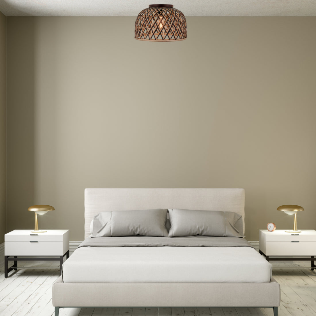 Plafondlamp Various Weaving Ø47 cm natuur/zwart in een moderne woonkamer.