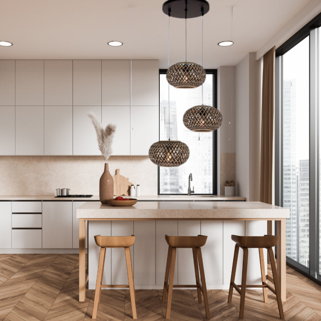 Lámpara Colgante de Tejido Variado – 3 Alturas con 3 Pantallas de Bambú Ø28cm – Iluminación Elegante con Aspecto Natural