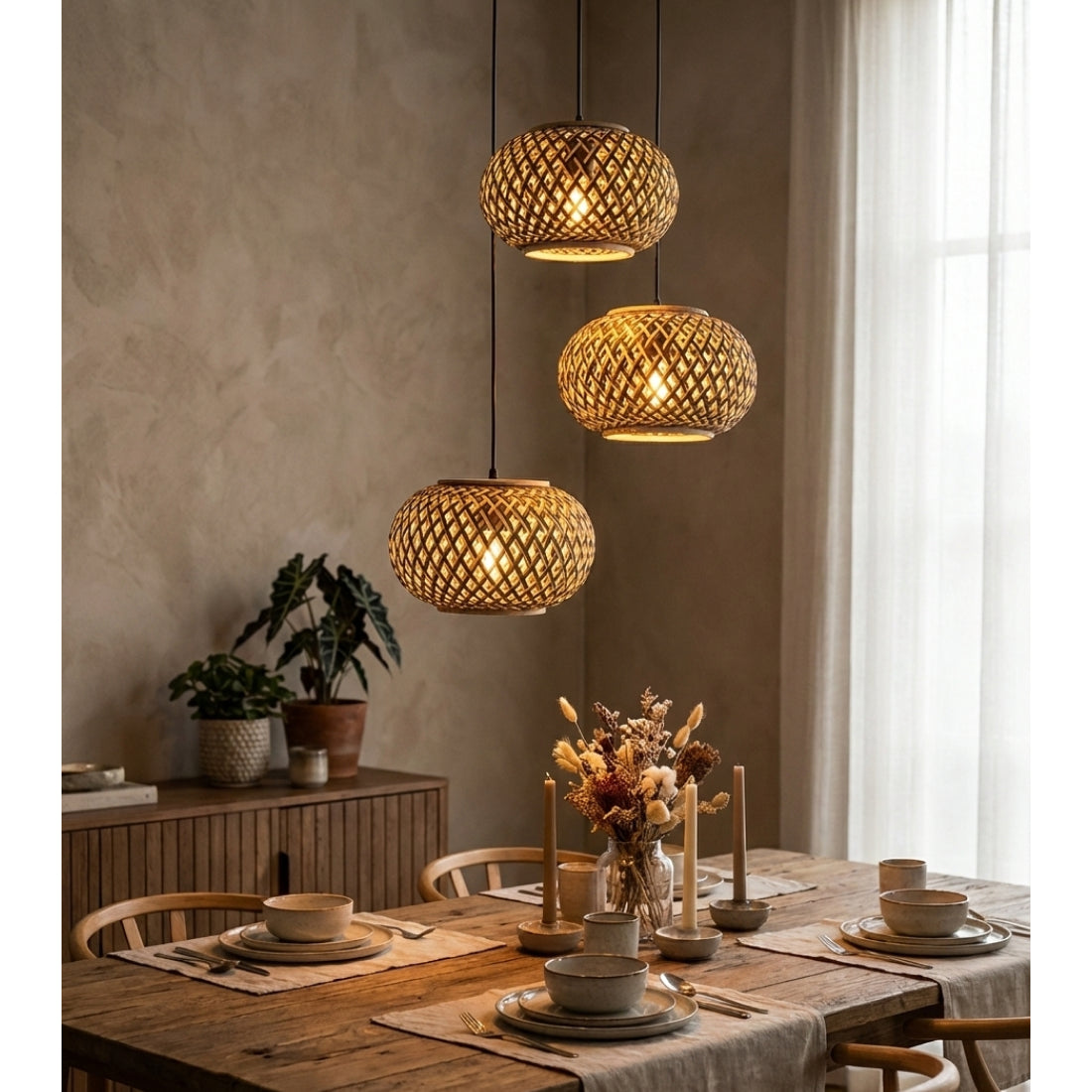 Various Weaving Pendant Lamp - 3 Lights - E27 - Bamboo - Ø28cm - 3 Heights with Shades - Nature