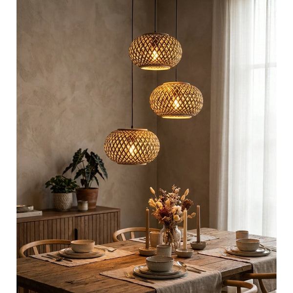 Various Weaving Pendant Lamp - 3 Lights - E27 - Bamboo - Ø28cm - 3 Heights with Shades - Nature