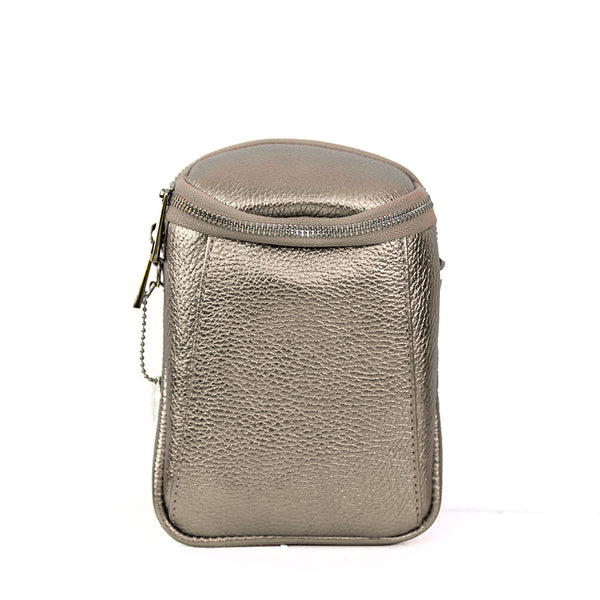 PORTACELLULARE - due zip pelle laminata platino
