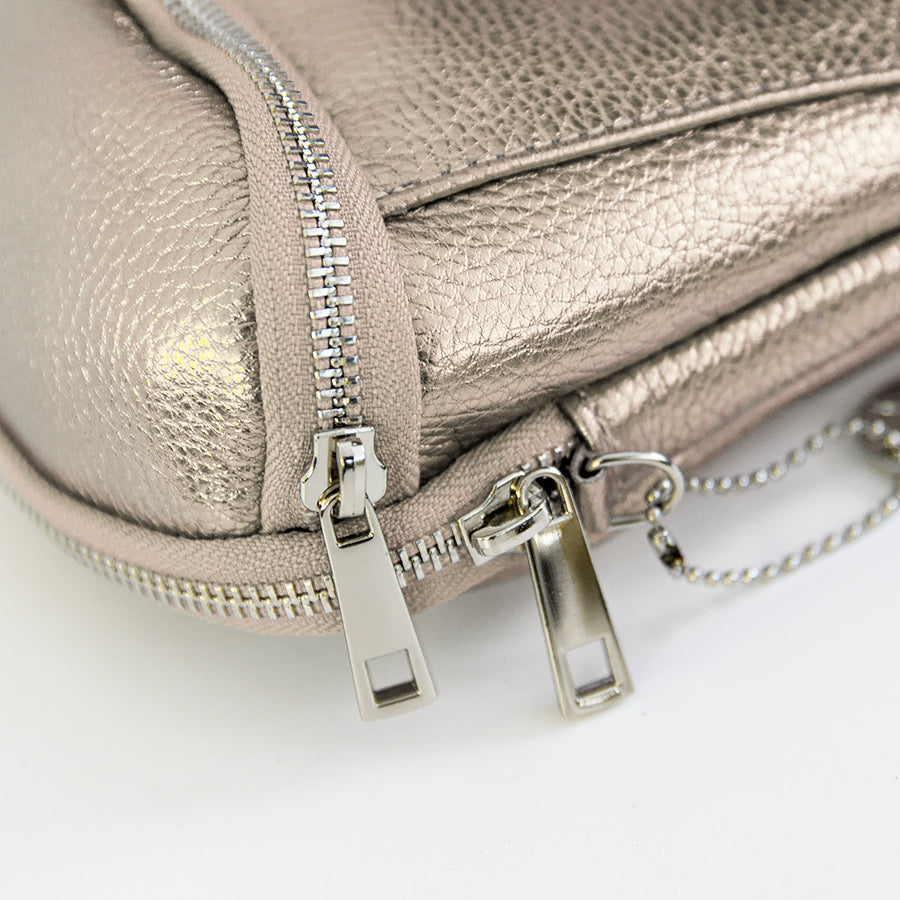 PHONE HOLDER - two zip laminated leather platinum