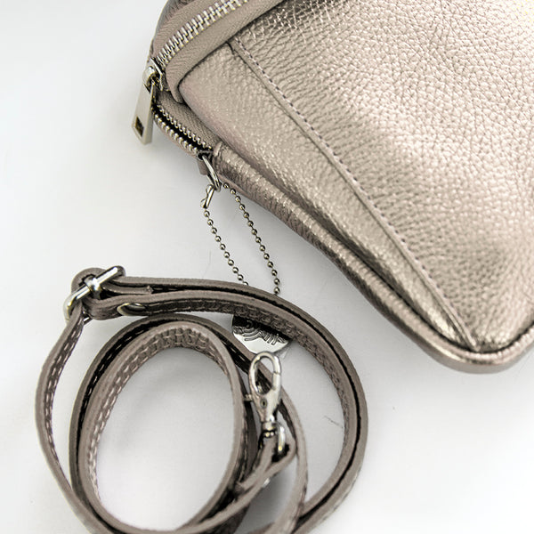 PHONE HOLDER - two zip laminated leather platinum