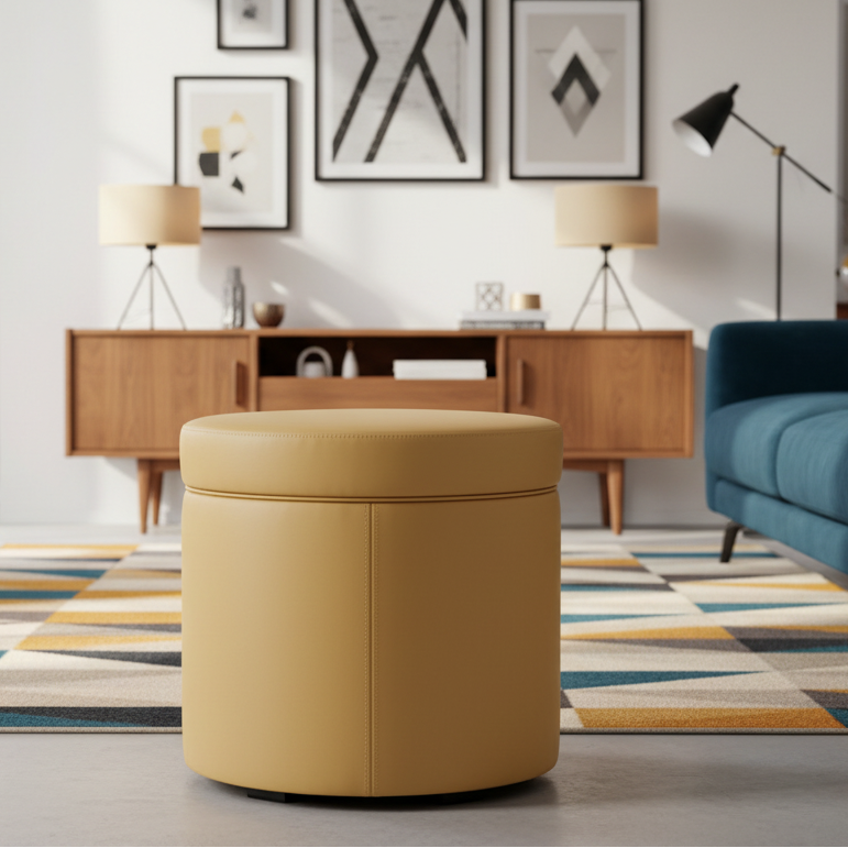 Pouf Contenitore Rotondo in Ecopelle giallo senape