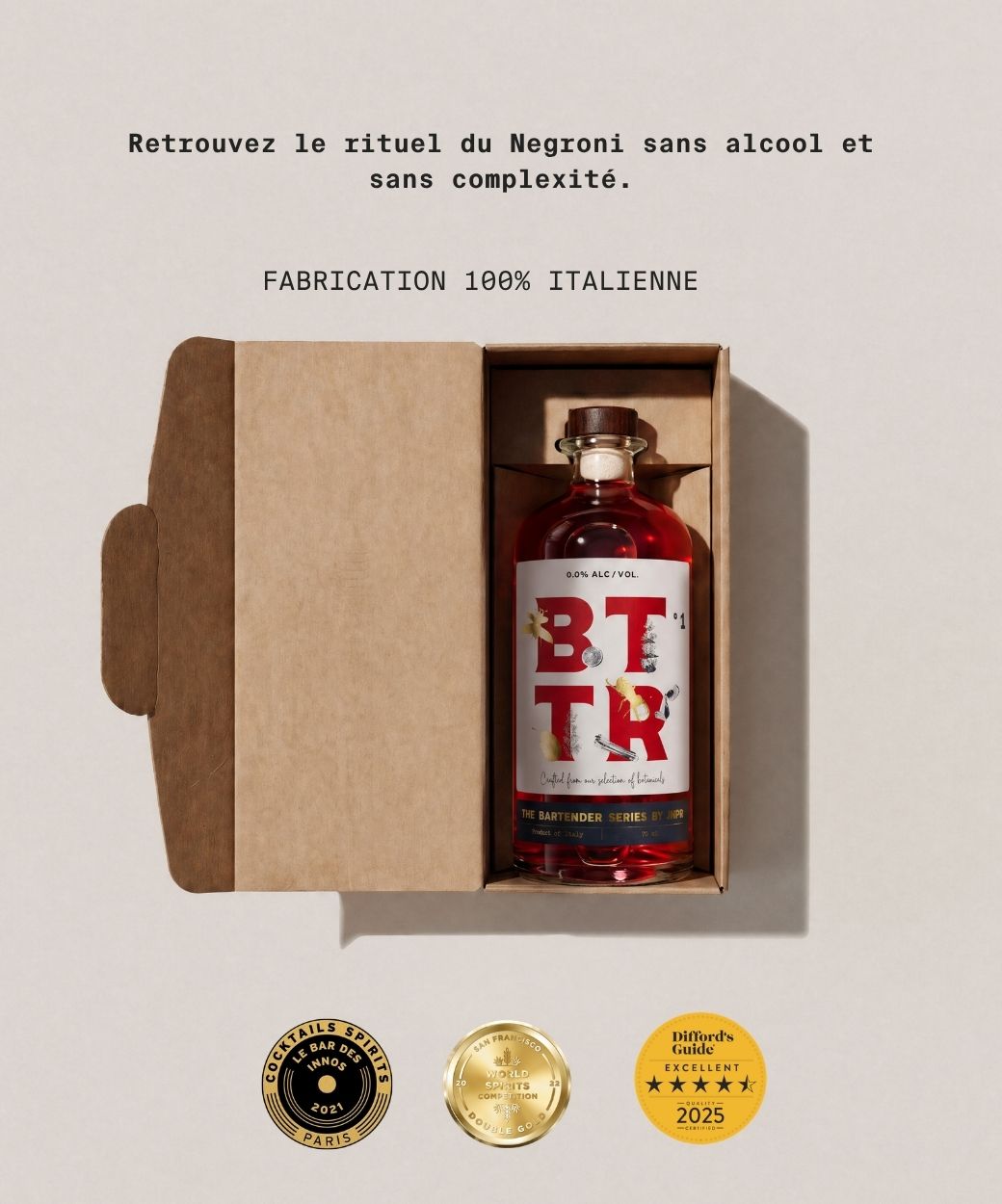 bitter sans alcool bttr jnpr spiritueux sans alcool apéritif italien amer rouge negroni cocktail fabrication italienne médailles